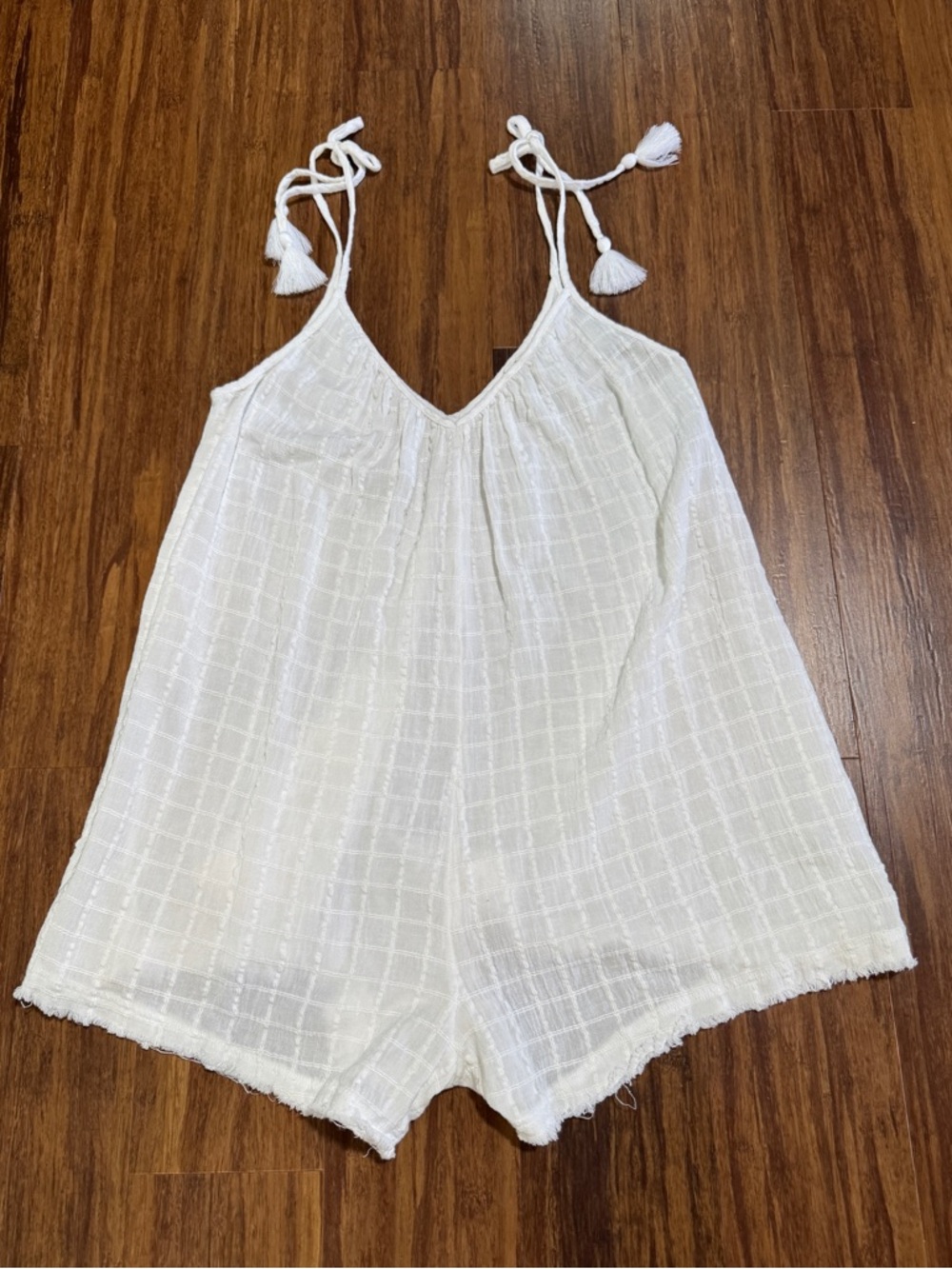 Aerie White Plaid Romper Tassel Tie Adjustable Spaghetti Straps Size S
